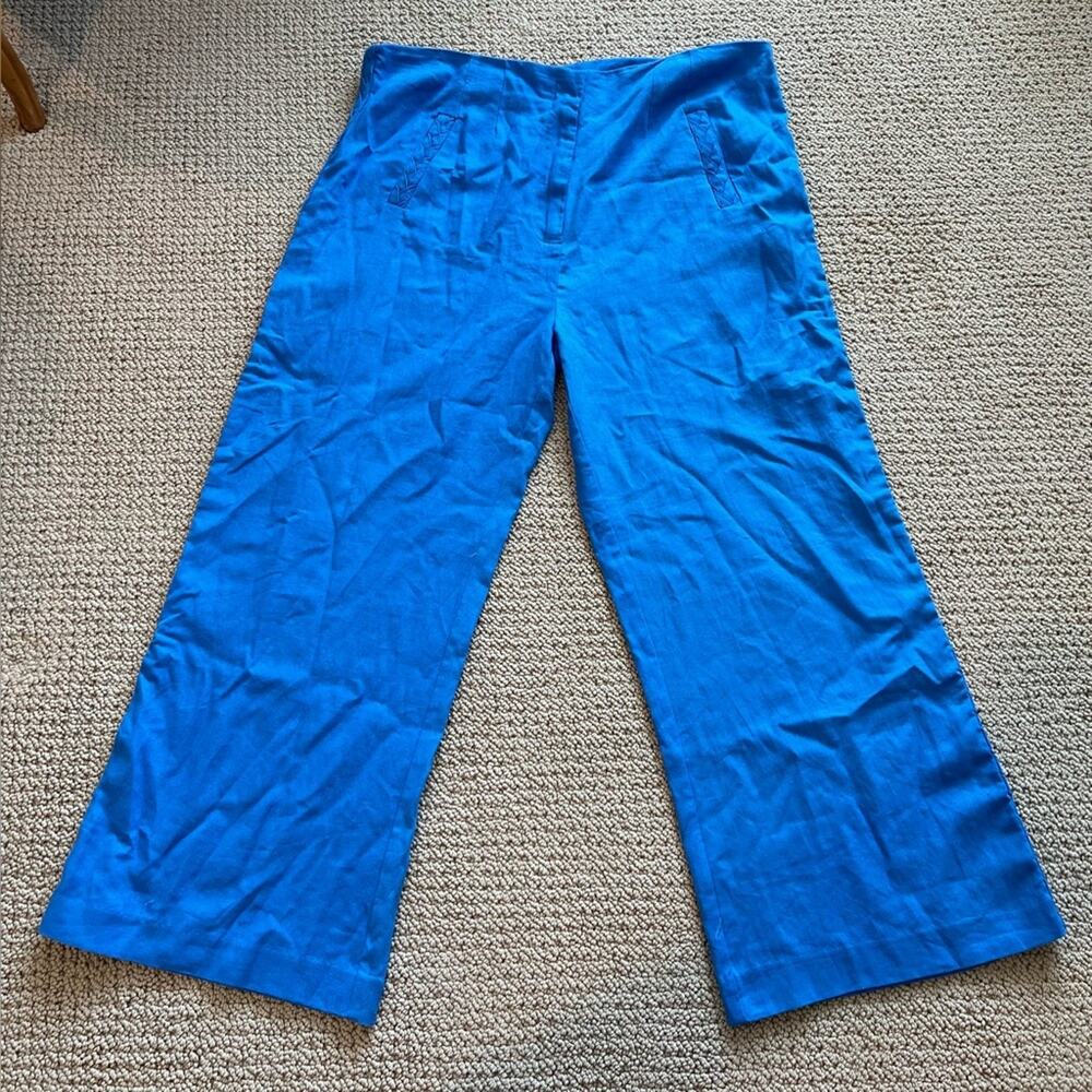 Jason Wu Linen Blend High Waisted Wide Leg Pants, Blue, Size 12, Braided, Flowy